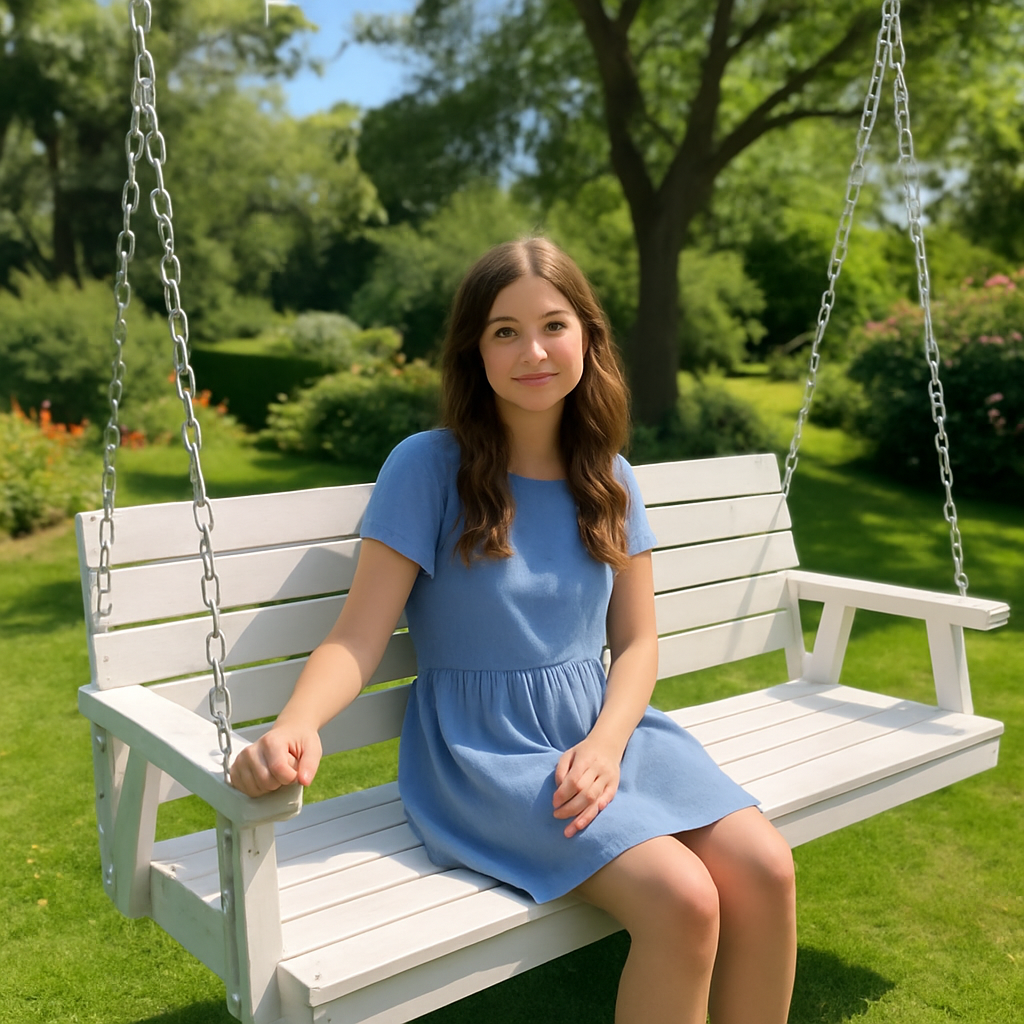 White Wooden Porch Swing Bench for 3 Persons