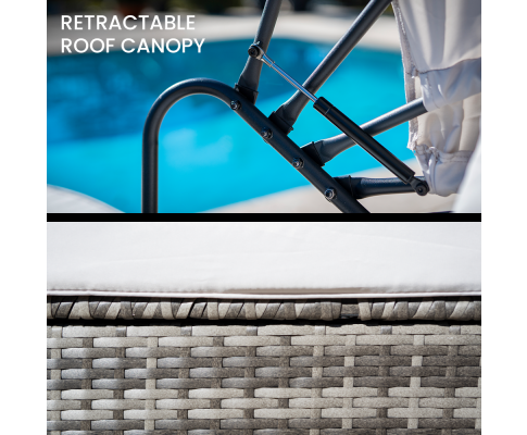 Grey Wicker Rattan 3-Piece Patio Set with Sun Lounge and Off-White Canopy