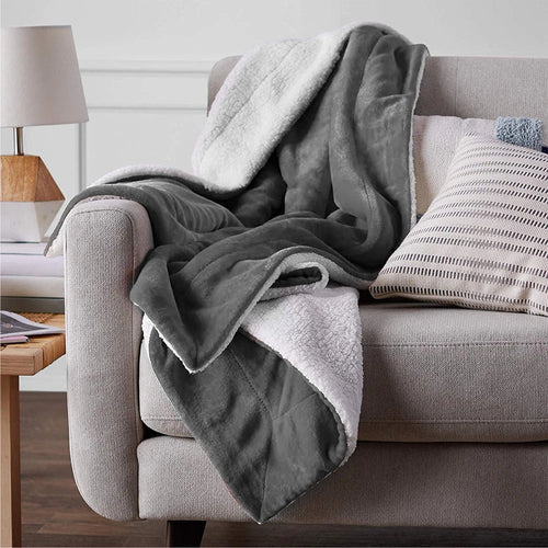 Reversible Grey Sherpa Fleece Throw Blanket | 130x160cm
