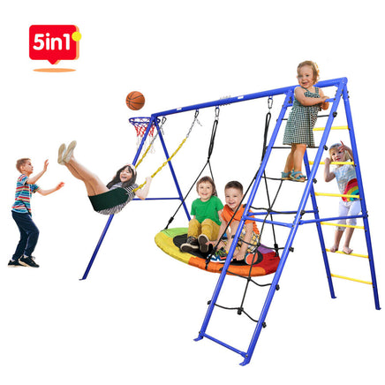 outdoor-swing-set-kids-5-stations-climbing-net-ladder-a-frame-swing-playground-5-in-1-white-background