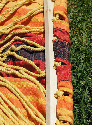 Single Size Cotton Canvas Hammock with Wooden Spreader Bar-Yellow-Red-Brown Stripes-Siesta Hammocks