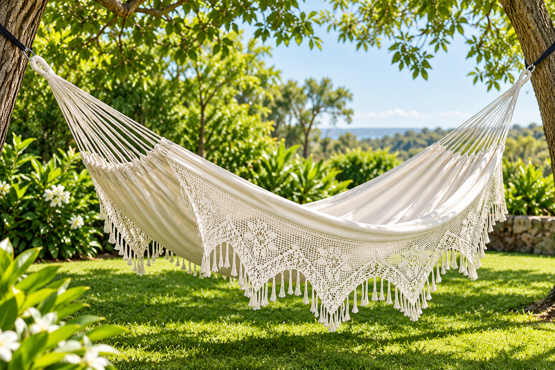 Cream double Brazilian hammock with crocheted fringe hanging in a garden