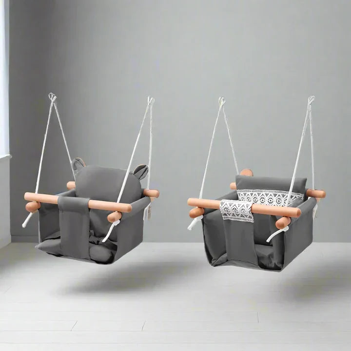 Canvas baby swing with wooden support rods 