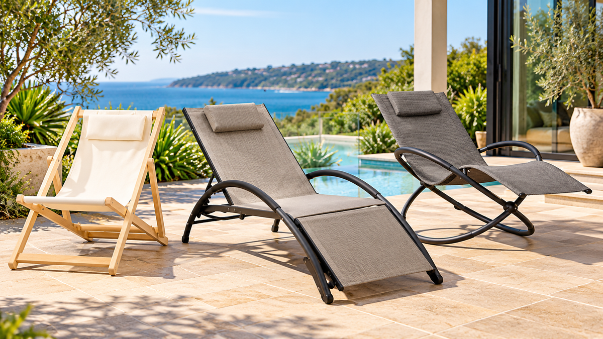 Three outdoor lounge chairs on a sunny Australian patio: an aluminium sunlounger, a zero-gravity lounger and a timber deck chair