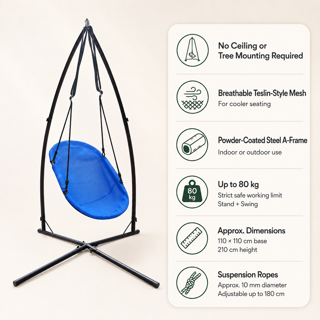 Black metal hanging swing chair with a blue seat cushion, shown beside a white information panel listing features and dimensions on a light beige background.