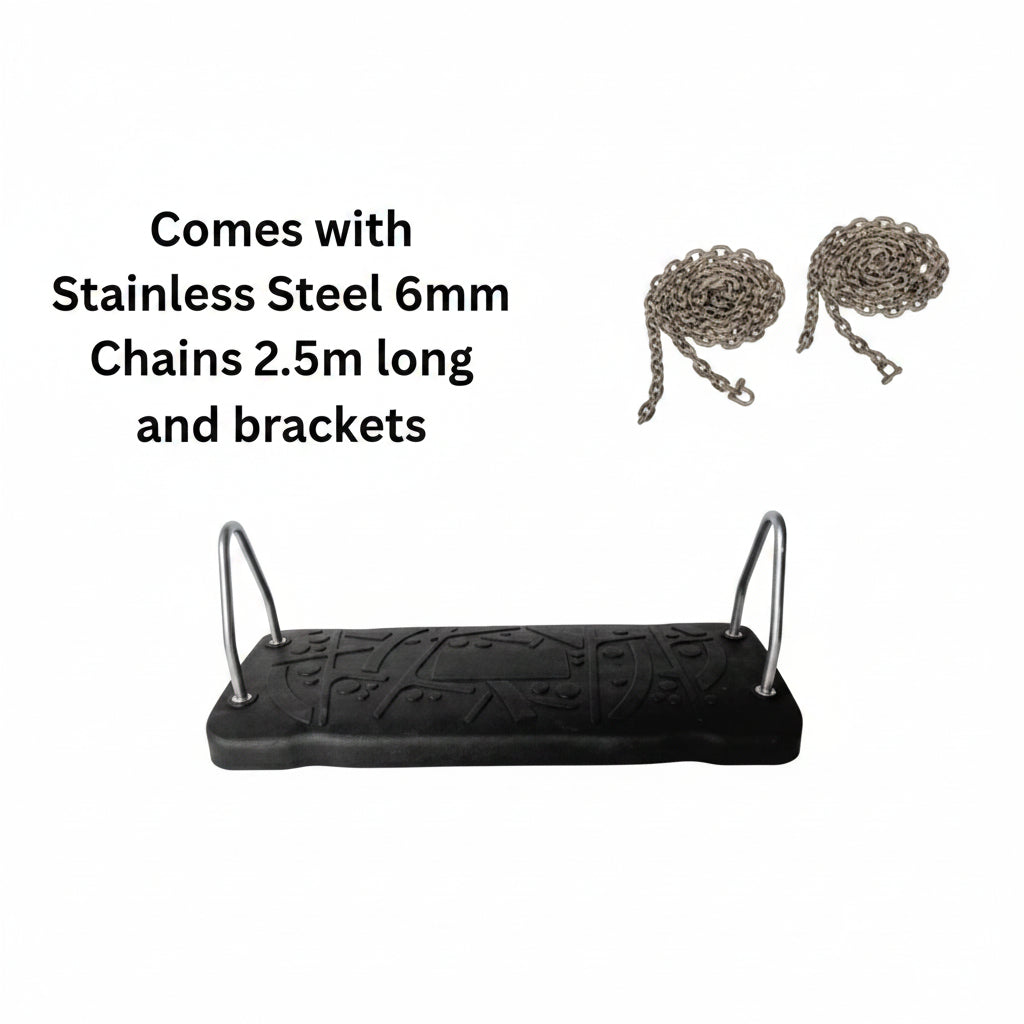 Black swing seat with stainless steel chains and brackets on a white background
