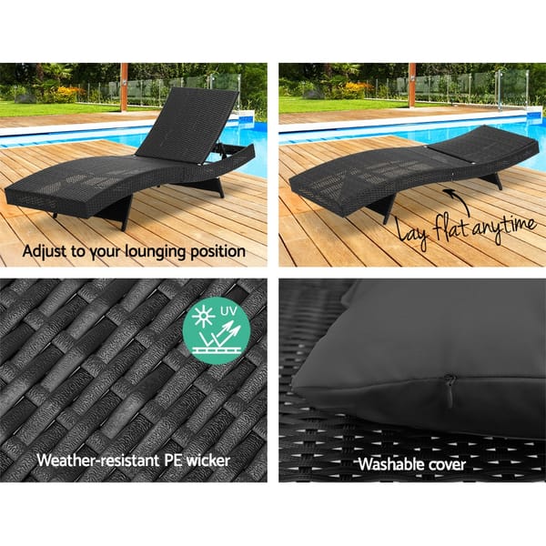 Day Bed Sun Lounge Set - Wicker &amp; Rattan Outdoor Furniture in Black