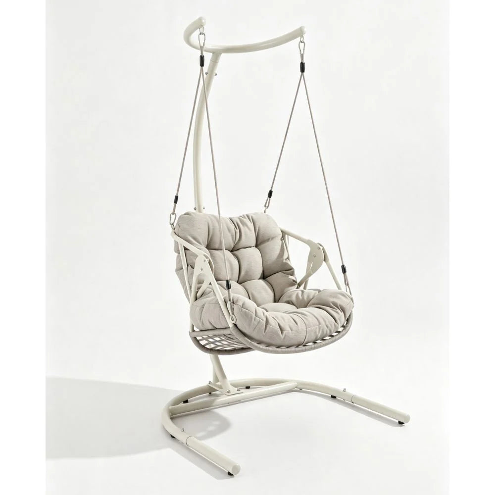 Nobbys outdoor hanging egg chair with woven rope basket, tall steel stand and cushion