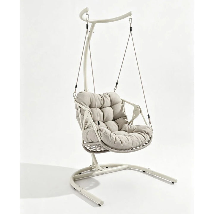 Nobbys outdoor hanging egg chair with woven rope basket, tall steel stand and cushion