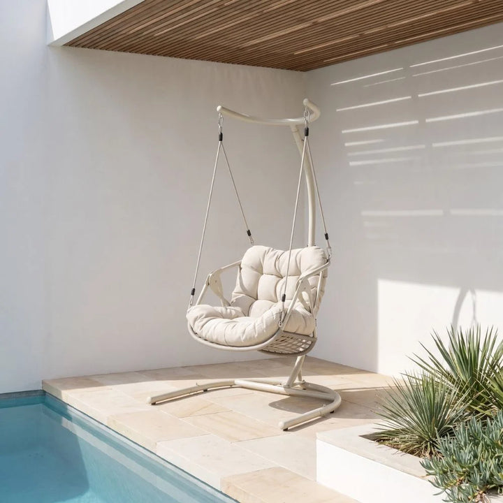 Nobbys rope hanging egg chair with a lower-profile basket