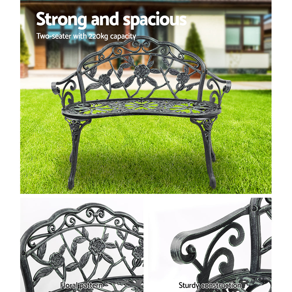 Gardeon Outdoor Garden Bench Seat 100cm Cast Aluminium Patio Chair Vintage Green