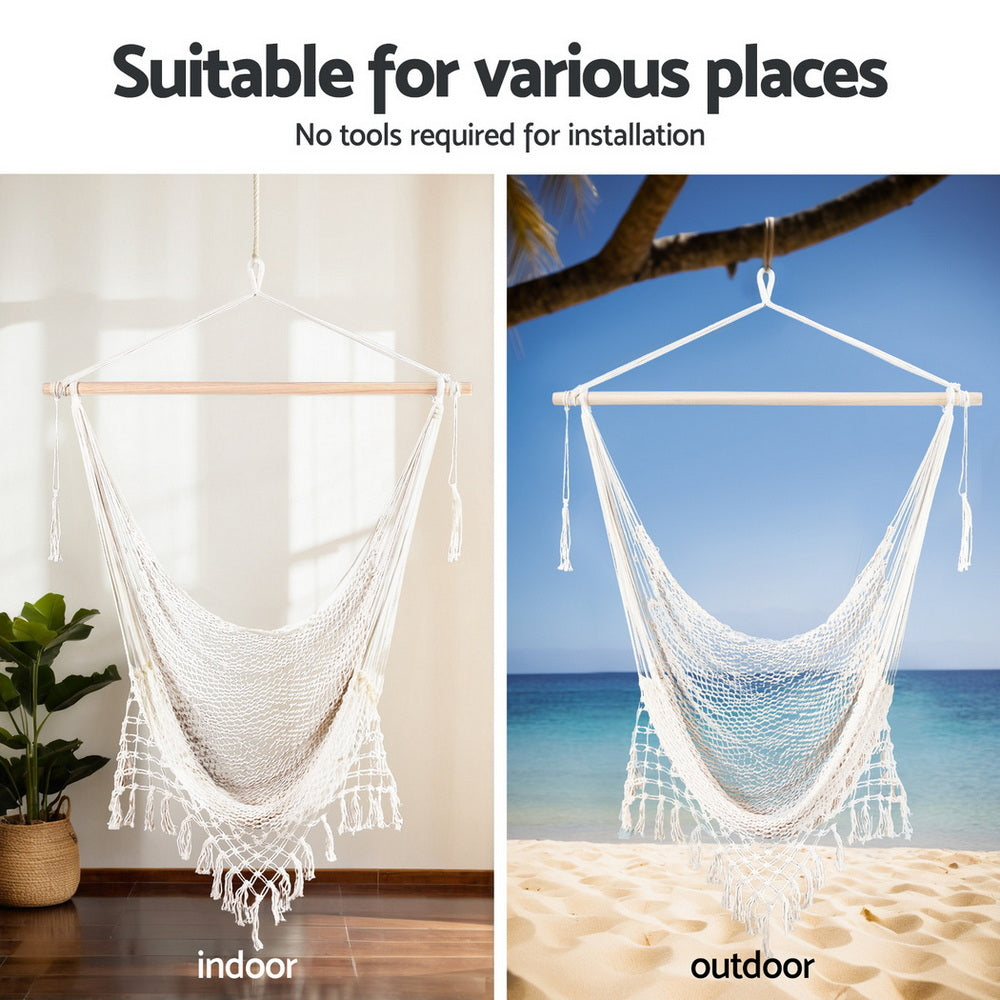 Boho White Fringe Macrame Chair with Stand