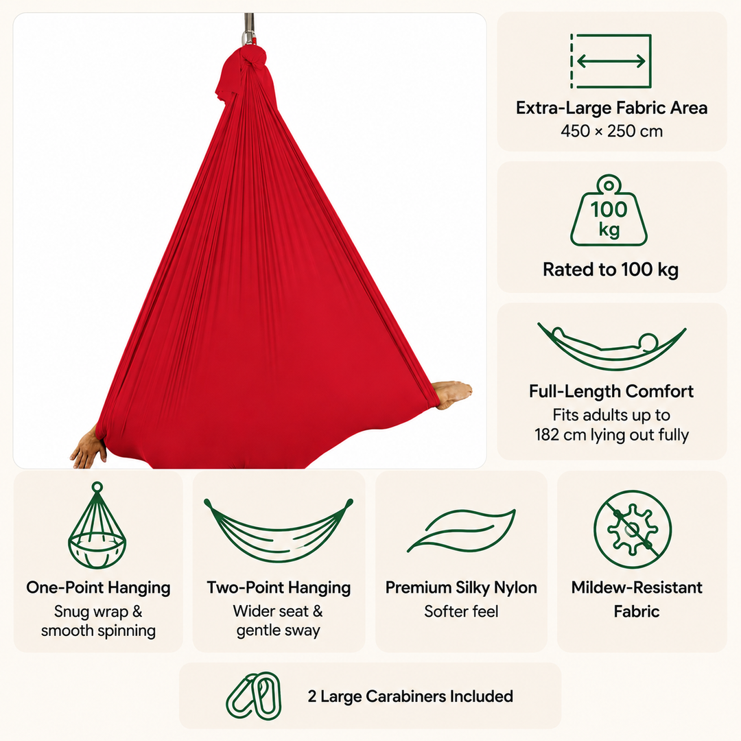 Red fabric hammock shown hanging from a metal rod on a white background, surrounded by feature callout icons and text including extra-large fabric area, rated to 100 kg, full-length comfort, one-point hanging, two-point hanging, premium silky nylon, mildew-resistant fabric, and two large carabiners included.