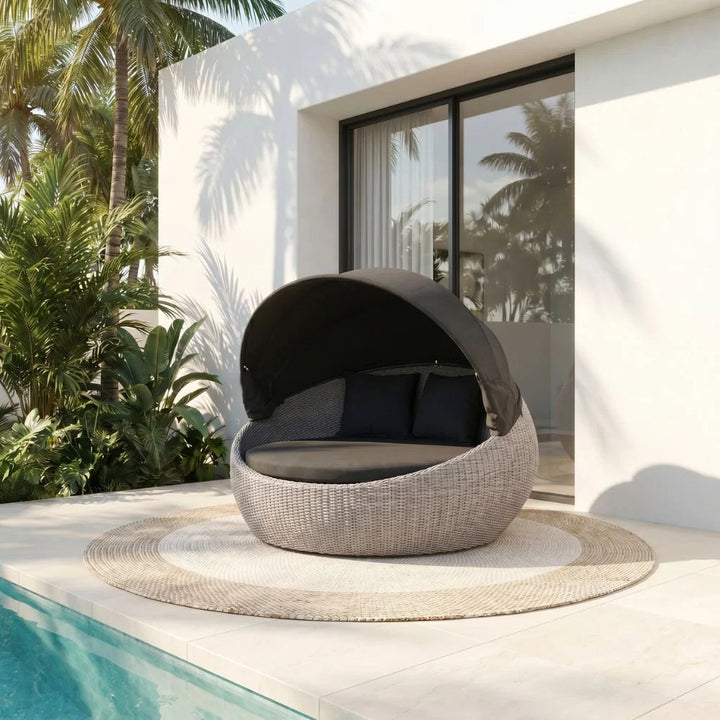 Stockton Outdoor Round Wicker Daybed with Canopy