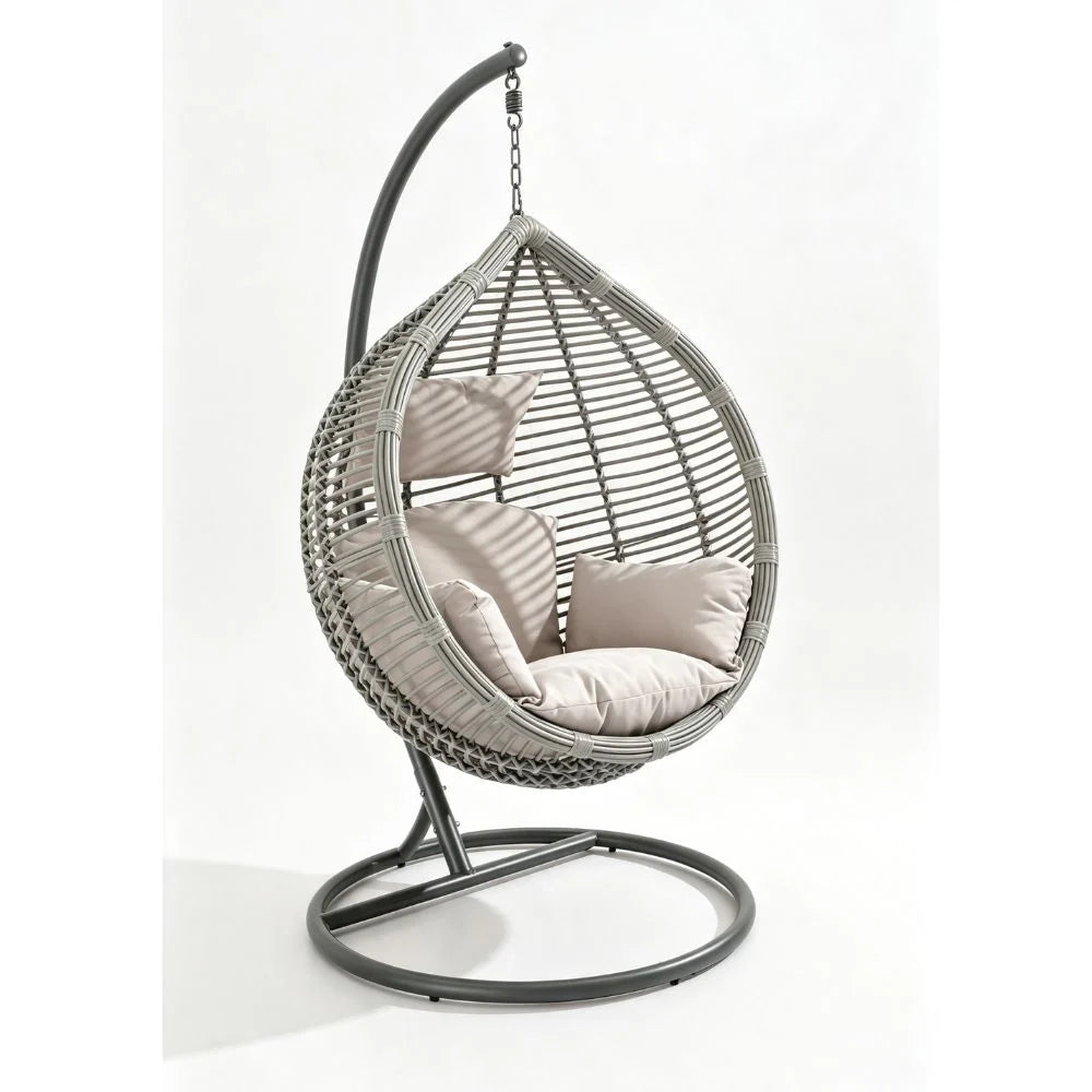 UV resistant outdoor hanging egg chair with woven PE wicker basket, steel stand and seat cushion