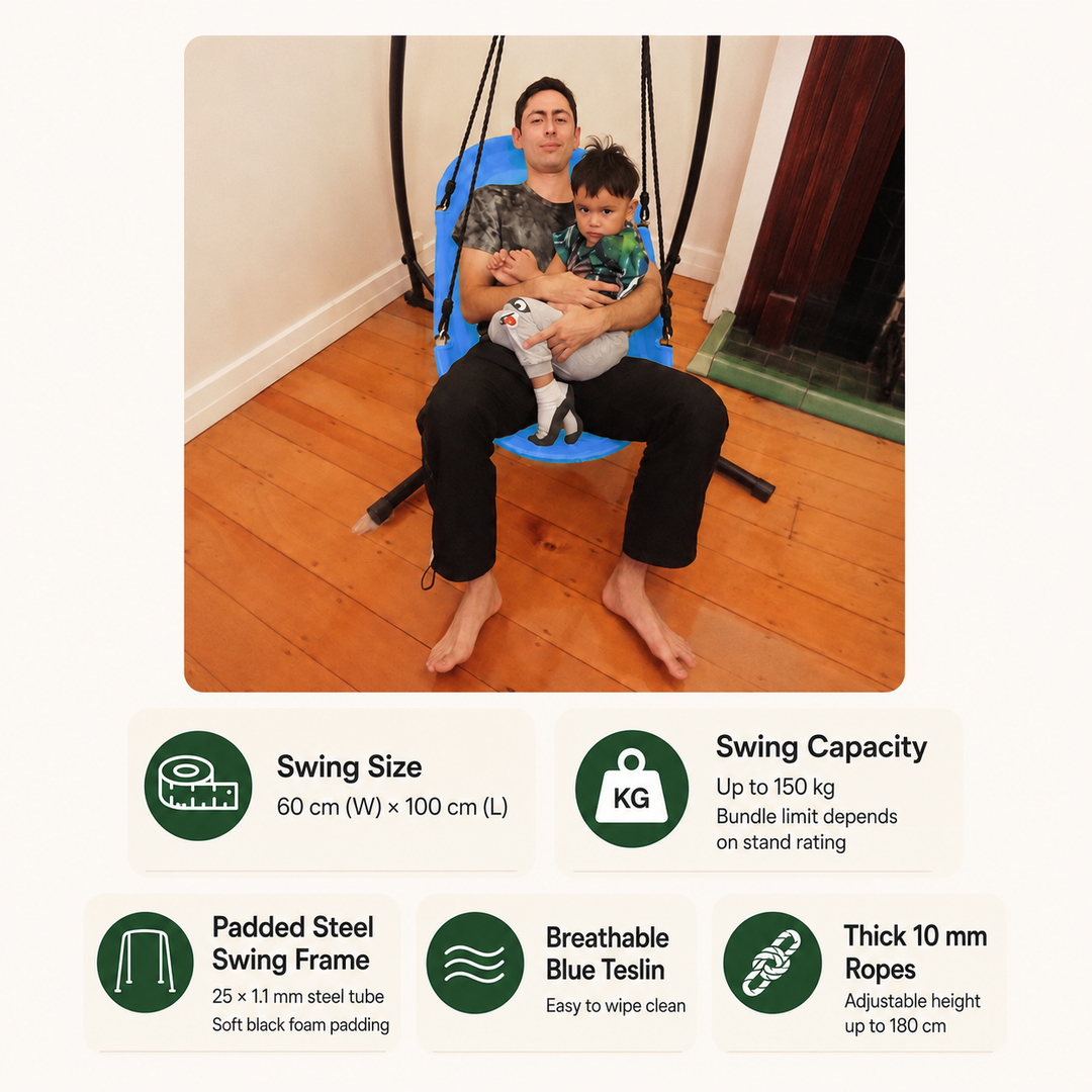 A blue fabric hanging swing chair with a man and child sitting on it, shown above a feature checklist on a light beige background. The text lists swing size, swing capacity, padded steel swing frame, breathable blue teslin, and thick 10 mm ropes.