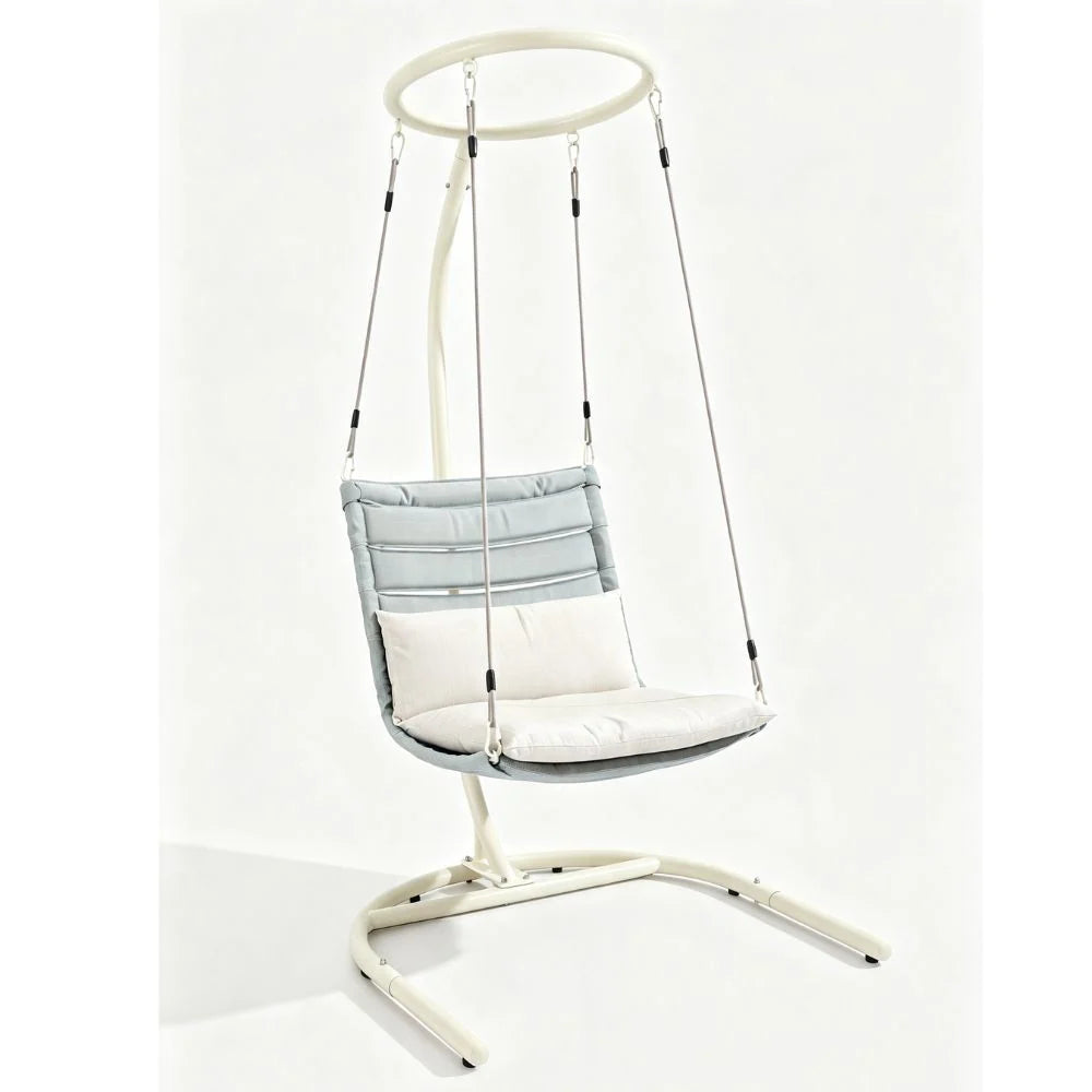 Dudley outdoor hanging egg chair with woven seat, steel stand and cushion