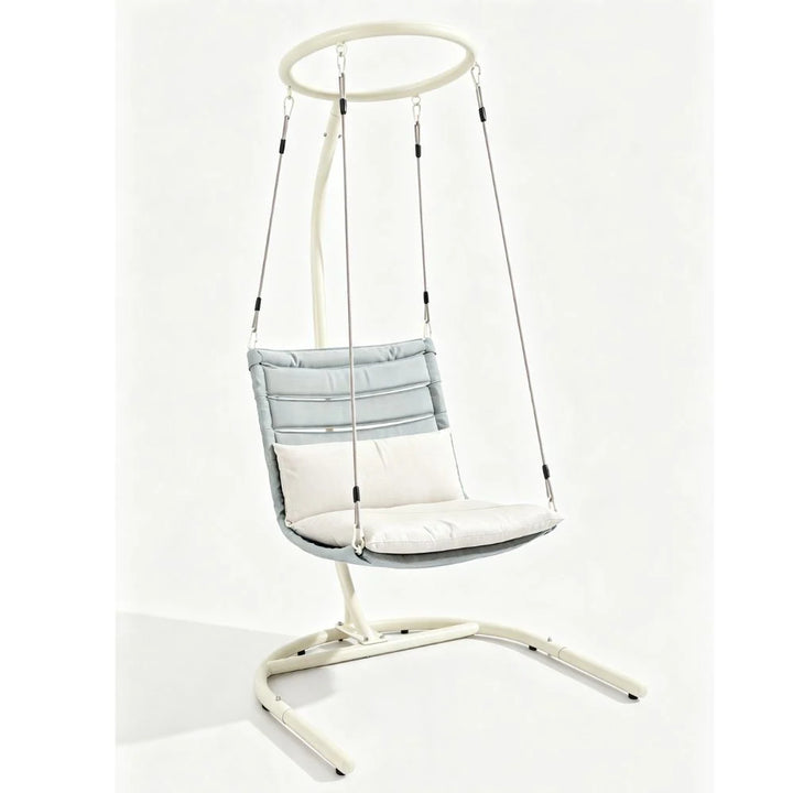 Dudley outdoor hanging egg chair with woven seat, steel stand and cushion