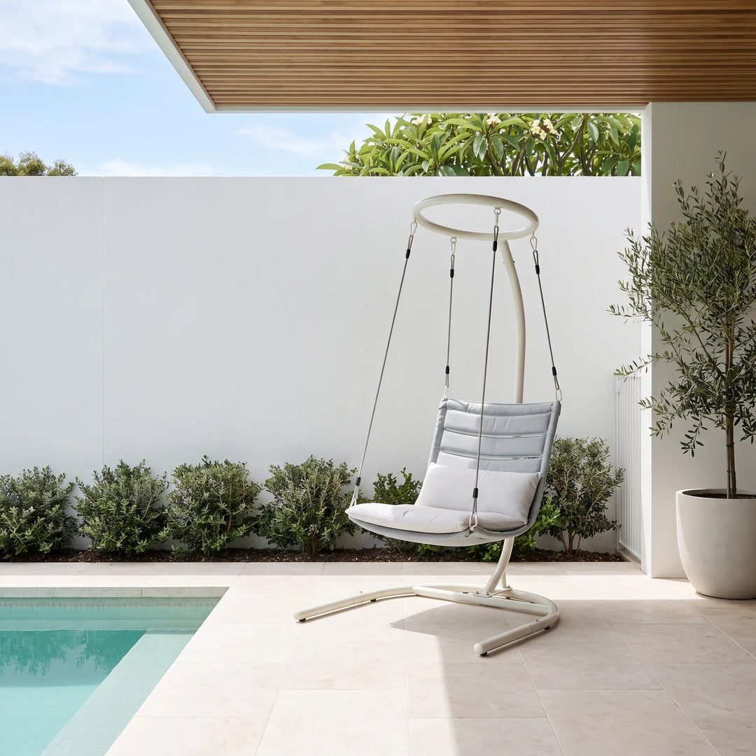 Dudley woven hanging egg chair in a contemporary coastal design