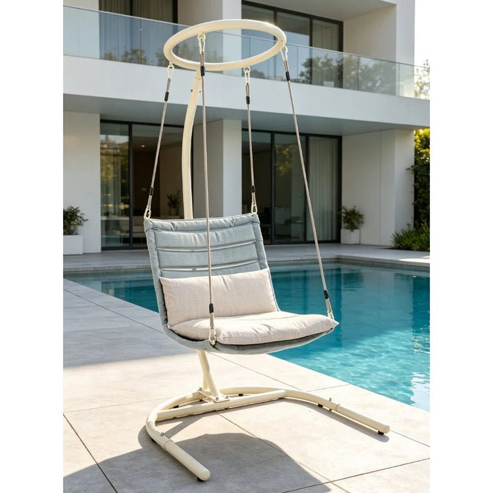 Dudley woven hanging egg chair styled in an outdoor living space