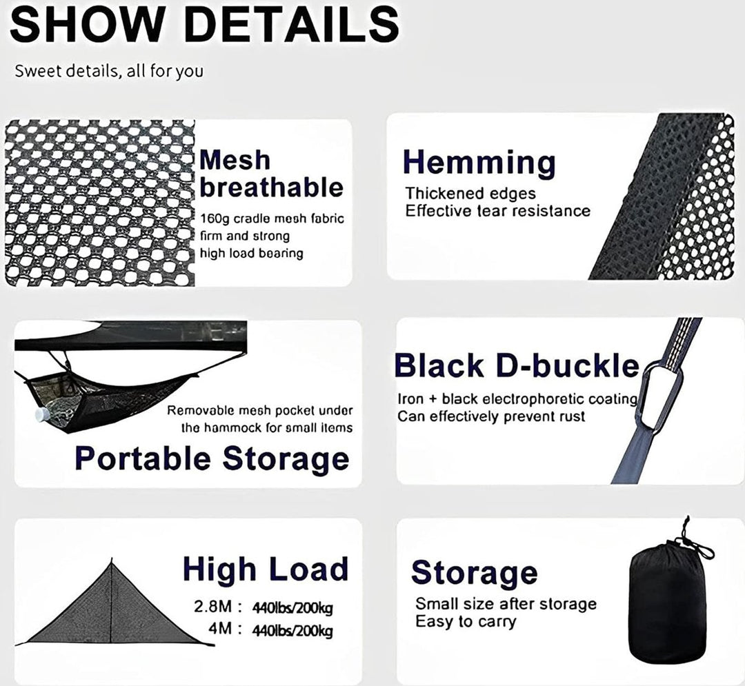 Portable triangular hammock for multiple people, outdoor camping aerial hammock, 3-point design for 2-3 people for travel, garden, camping, black, 400 x 400 x 400 cm