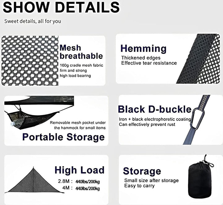 Portable triangular hammock for multiple people, outdoor camping aerial hammock, 3-point design for 2-3 people for travel, garden, camping, black, 400 x 400 x 400 cm