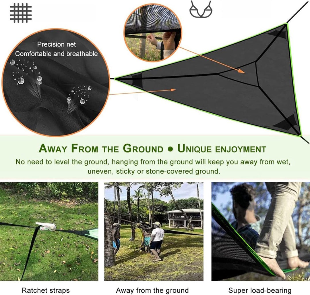Portable triangular hammock for multiple people, outdoor camping aerial hammock, 3-point design for 2-3 people for travel, garden, camping, black, 400 x 400 x 400 cm