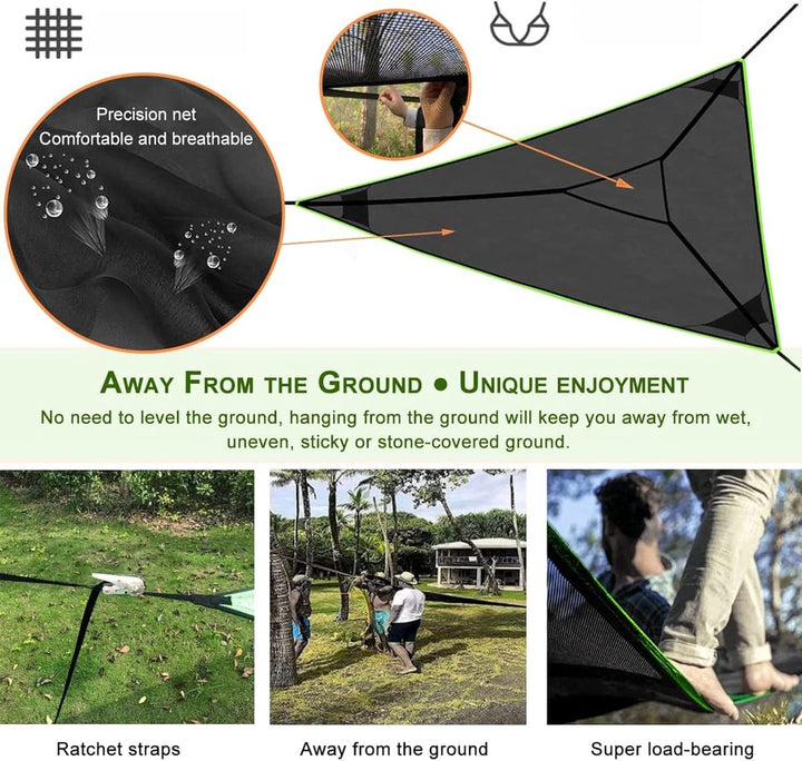 Portable triangular hammock for multiple people, outdoor camping aerial hammock, 3-point design for 2-3 people for travel, garden, camping, black, 400 x 400 x 400 cm
