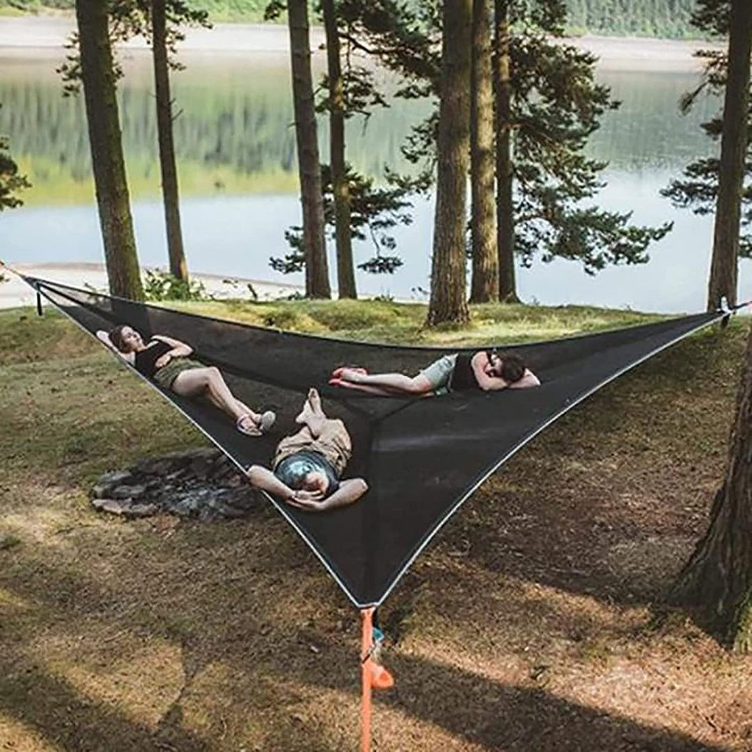 Portable triangular hammock for multiple people, outdoor camping aerial hammock, 3-point design for 2-3 people for travel, garden, camping, black, 400 x 400 x 400 cm