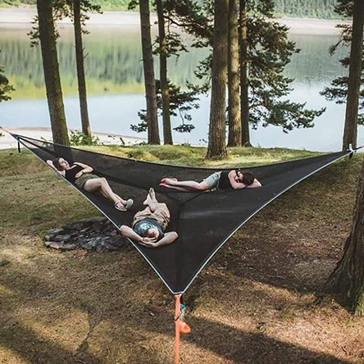 Portable triangular hammock for multiple people, outdoor camping aerial hammock, 3-point design for 2-3 people for travel, garden, camping, black, 400 x 400 x 400 cm