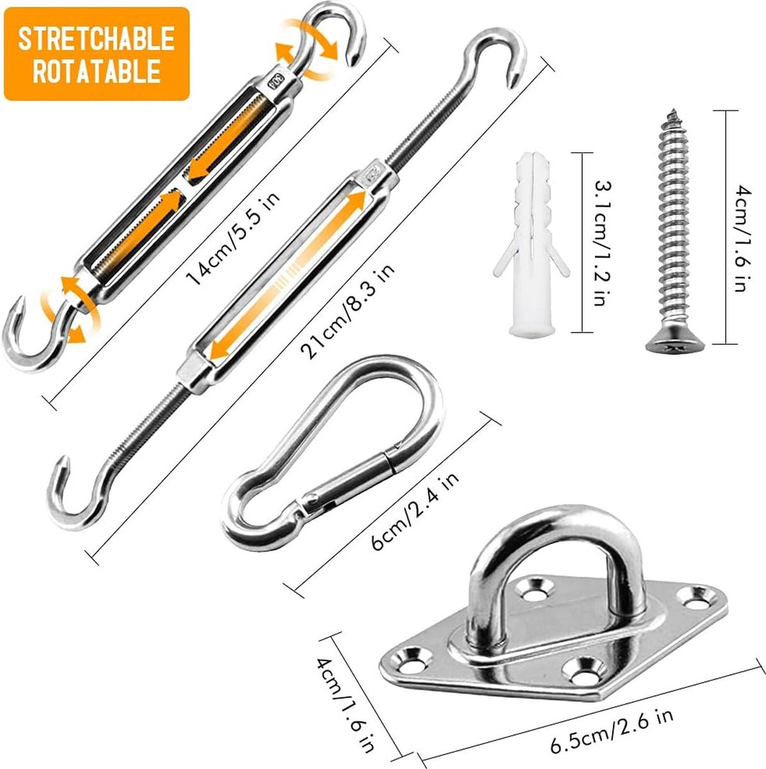 Shade Cloth Mounting Set - 42-Piece - Stainless Steel - Hardware Kit for Sun Sail - For Rectangular / Square Sun Shade Sails - Hammock Mounting Set - Shade Cloth Mounting Material
