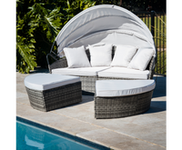 Grey Wicker Rattan 3-Piece Patio Set with Sun Lounge and Off-White Canopy