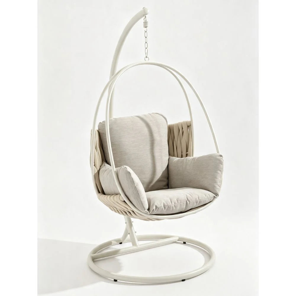Merewether outdoor hanging egg chair with woven rope basket, steel stand and cushion