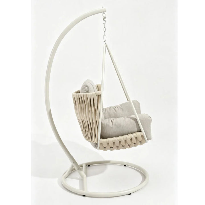 Woven polypropylene rope egg chair on a powder-coated steel stand