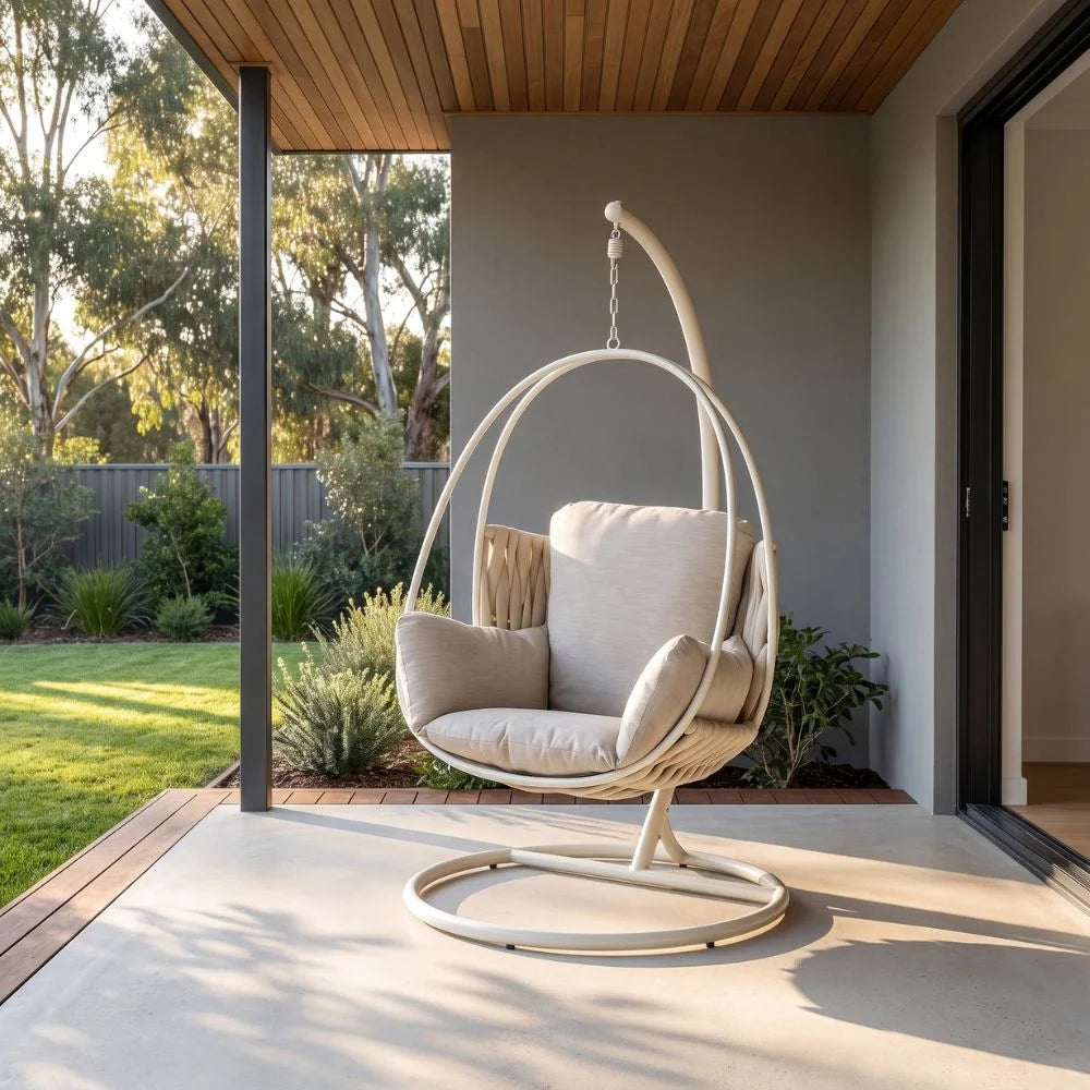 Merewether rope hanging egg chair in a contemporary coastal design