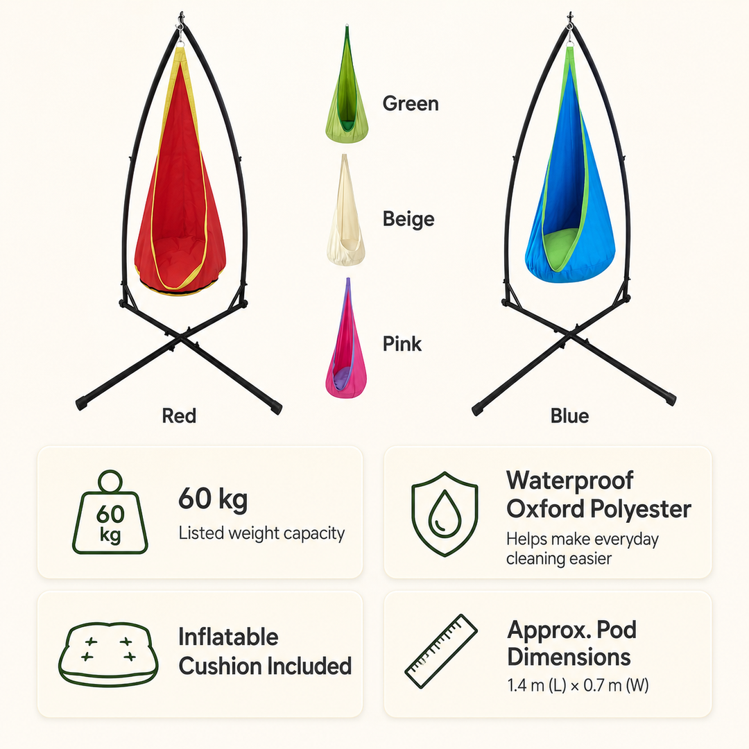 Product information graphic for an outdoor hanging pod swing set, showing two color options (red with yellow trim and blue with green trim) on black metal stands, alongside color swatches (Green, Beige, Pink) and feature callouts including 60 kg weight capacity, waterproof Oxford Polyester, and inflatable cushion included.