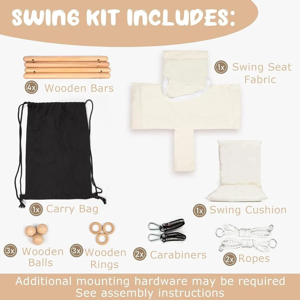 Swing kit components with labels on a white background
