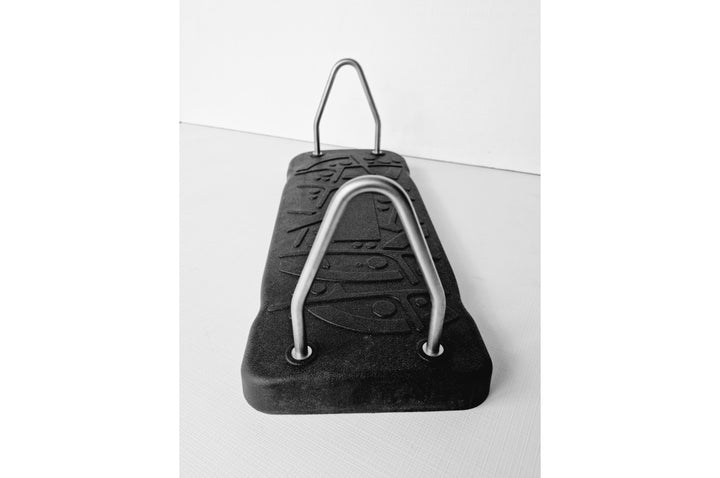 Black rubber boot with metal handle on a white background