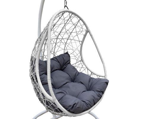 Hanging Egg Chair in White With Grey Cushion
