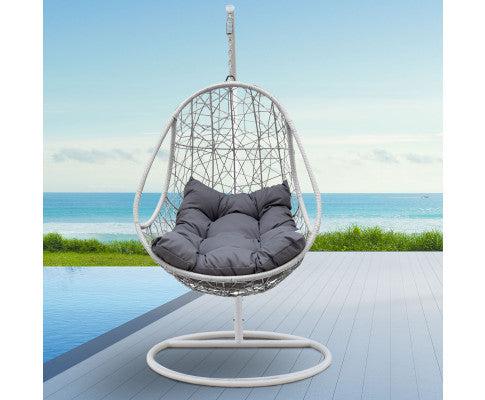 Hanging Egg Chair in White With Grey Cushion