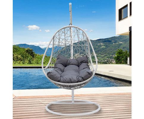 Hanging Egg Chair in White With Grey Cushion