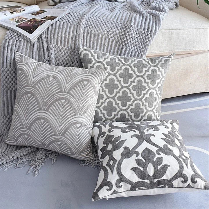 Mix Match Home Sofa Grey/White Geometric Embroidered Cotton Cushion