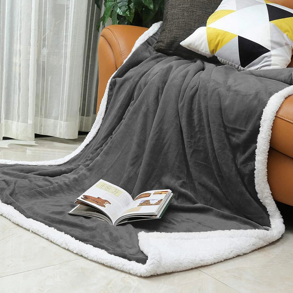 Reversible Grey Sherpa Fleece Throw Blanket | 130x160cm
