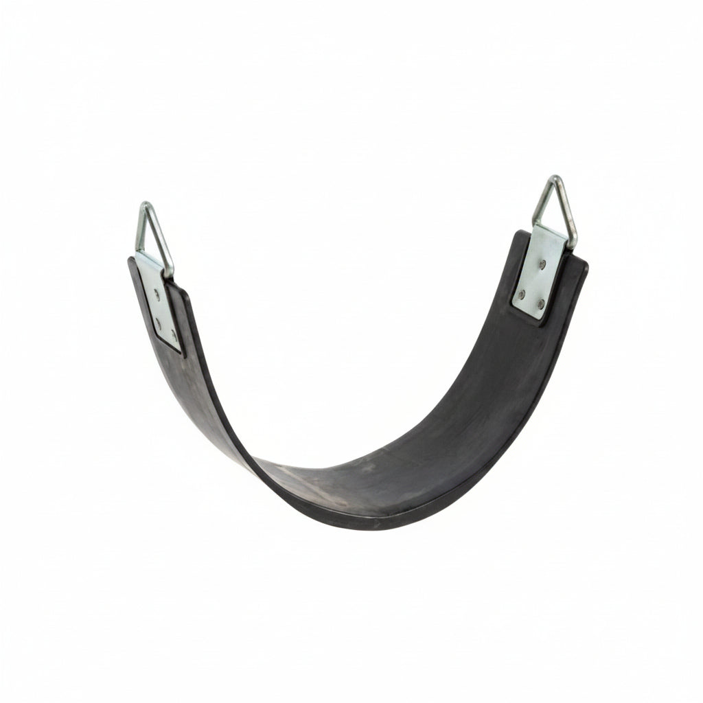 Black rubber swing seat with metal brackets on a white background