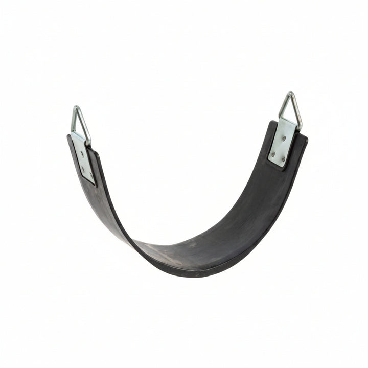 Black rubber swing seat with metal brackets on a white background