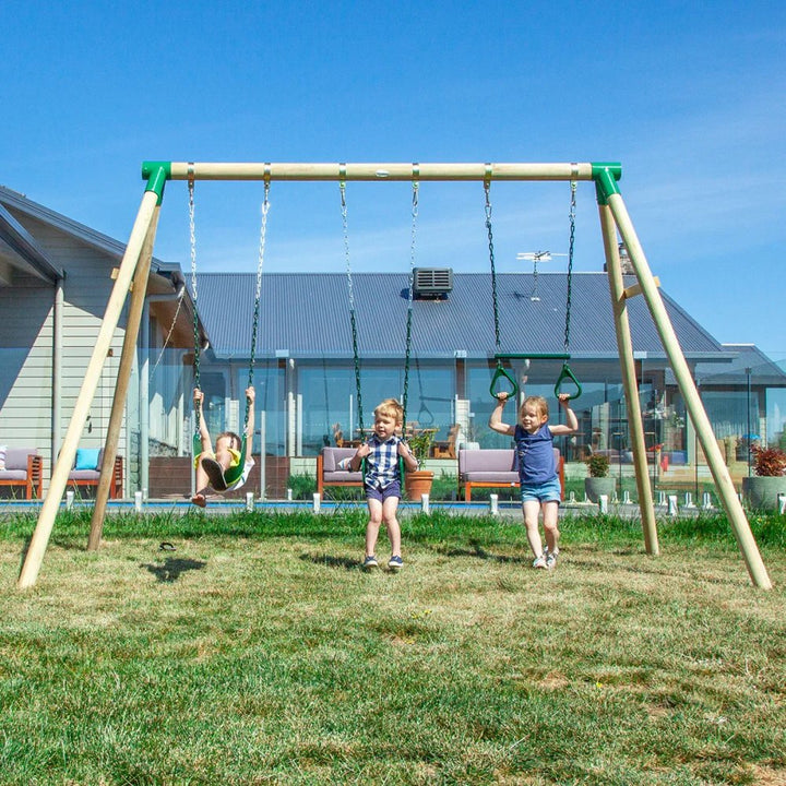Tall Timber Swing Set with Two Belt Swings and Trapeze