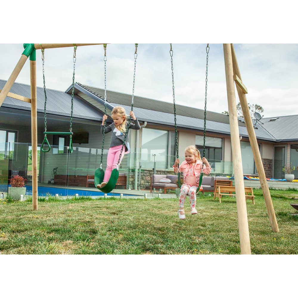 Tall Timber Swing Set with Two Belt Swings and Trapeze