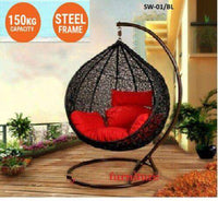 Hanging Swing Egg Chair Rattan Outdoor Black Basket & Red Cushion-Sydney within 35 Km from CBD (+$70.00)-Siesta Hammocks