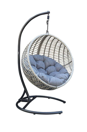 Jazz Outdoor Wicker Patio Hanging Egg Chair with Stand | Pod Chair Garden-Black/Stone and Grey Cushion-Siesta Hammocks