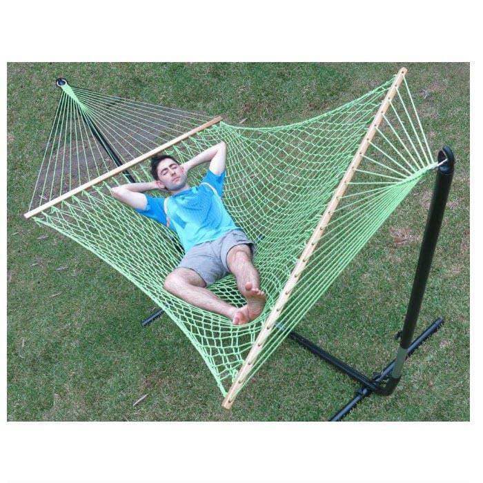 large green cotton rope hammock with spreader bar